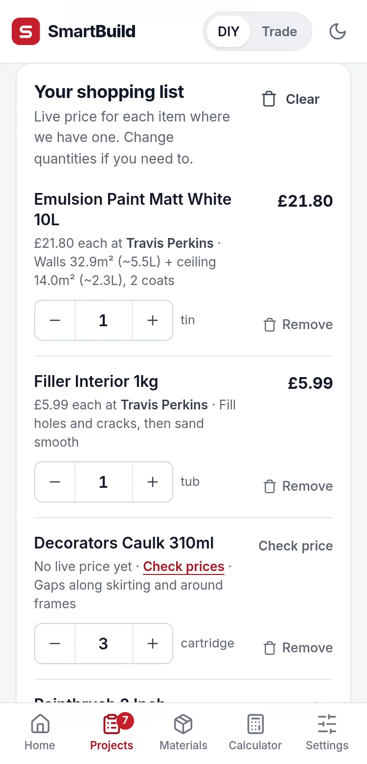 A SmartBuild shopping list for painting a 4 by 3.5 metre room, with live Travis Perkins prices